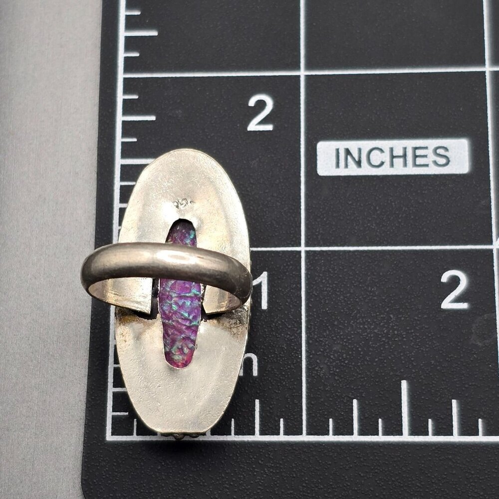 Triplet Opal Statement Ring VTG Pink Iridescent Glass Cabochon Size 8 Silver Plt - Picture 11 of 12